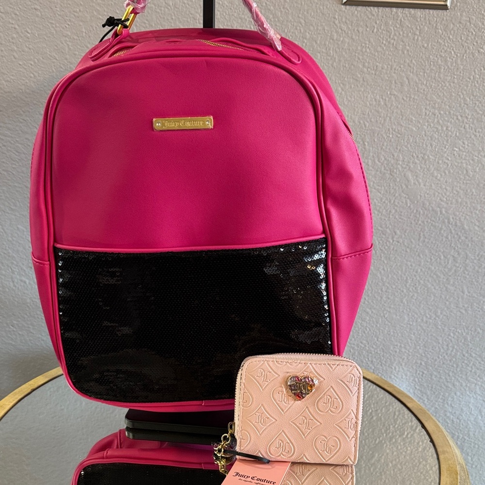 Juicy Couture Vibrant Pink and Black Backpack with Juicy Couture wallet